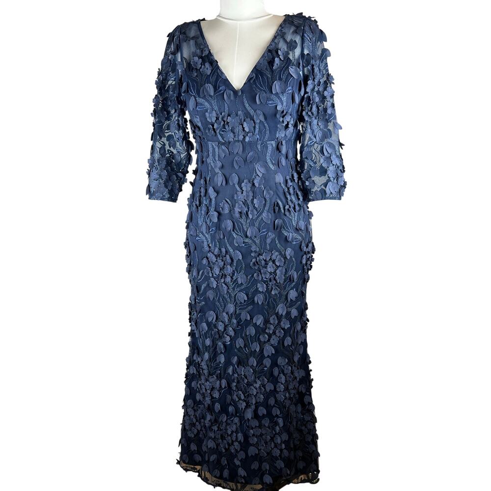 Carmen Marc Valvo Infusion 3D Floral Applique Navy Gown Dress Size 8
